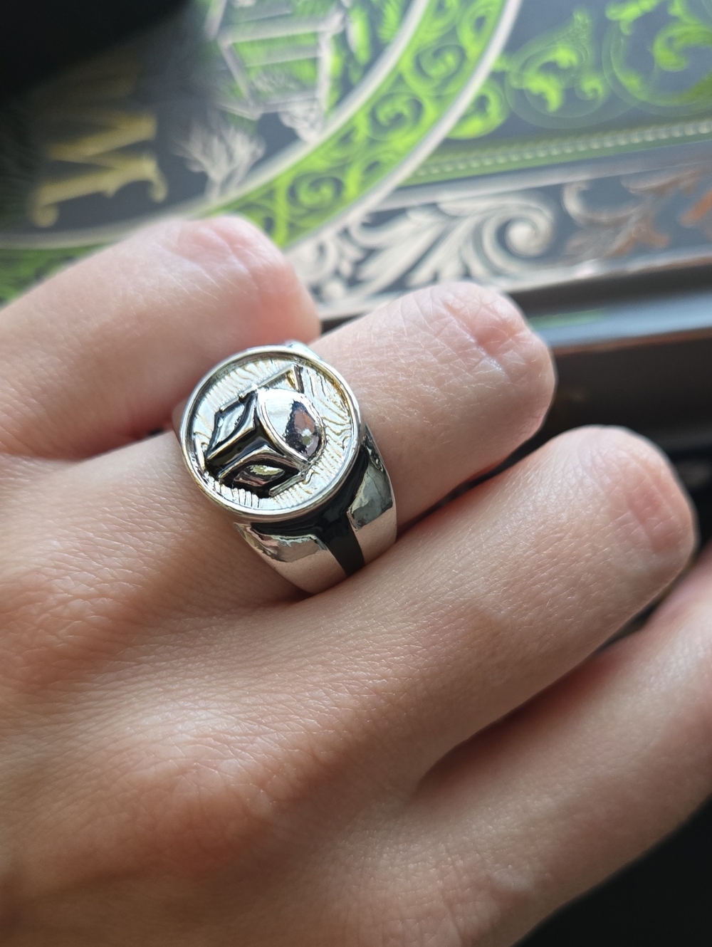 Silver Tone Women's Signet Ring with Geometric Emblem, NWT, Approx Size 8